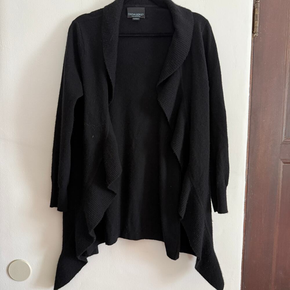 Cynthia Rowley Black Cashmere Open Front Cascade Collar Cardigan Sweater Medium